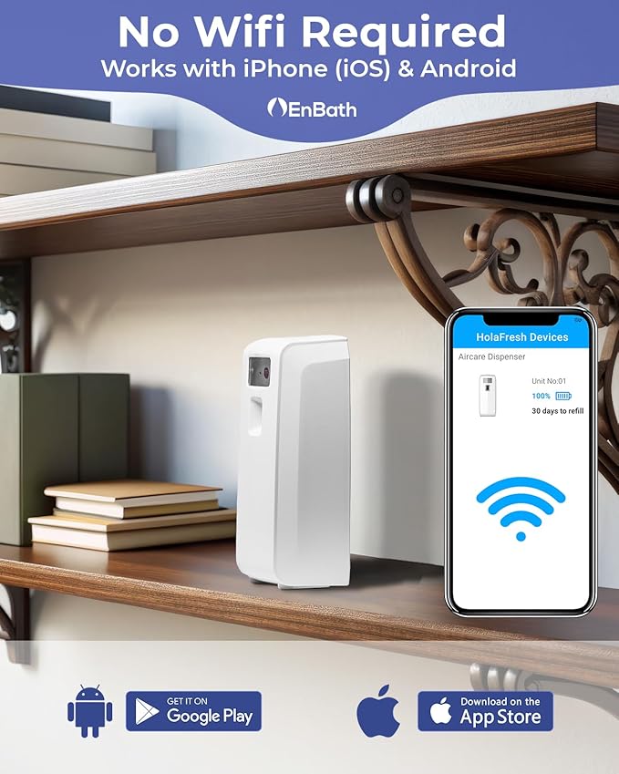 Programmable Automatic Air Freshener Spray Dispenser - Bluetooth App Controlled, Wall Mount or Standalone, Compatible with Glade & Airwick, Commercial or Home Use - IPhone (iOS) & Android Compatible