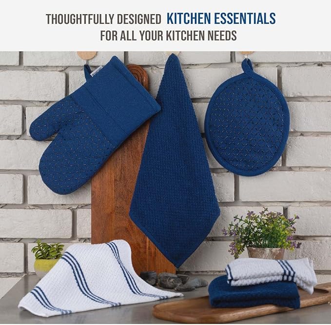 LANE LINEN Tea Towels - 16 Pc Set with Silicone Oven Mitts and Pot Holders, Cotton Kitchen Towels, Absorbent Dish and Hand Towels - Indigo