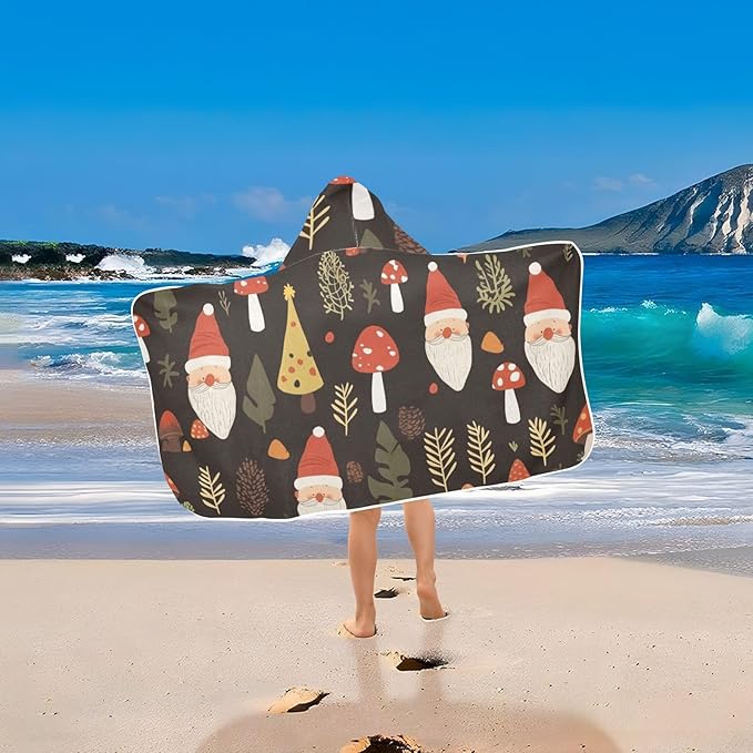 Beach Towels for Kids Cartoon Cute Gnome Mushroom Black Hooded Beach Towel for Girl Boy Lightweight Toddler Bath Towels