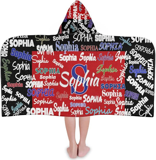 Personalized Hooded Towel Kids Beach Towels Name Custom Baby Toddlers Cotton Wrap Changing Robe for Shower Beach Trip Pool Bathrobe, Black and Red Color
