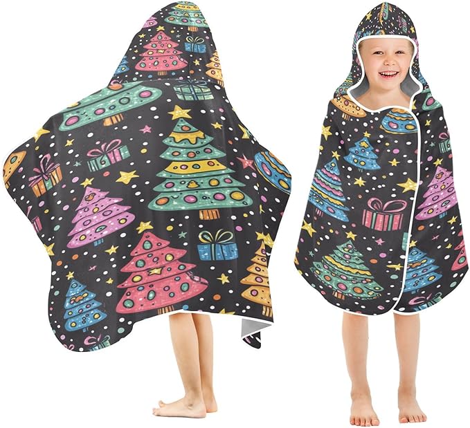 Blueangle Kids Bath Towel Wrap - Cartoon Christmas Trees Hooded Kids Towel - Super Soft Absorbent Quick Dry Toddler Shower Pool Beach Towel