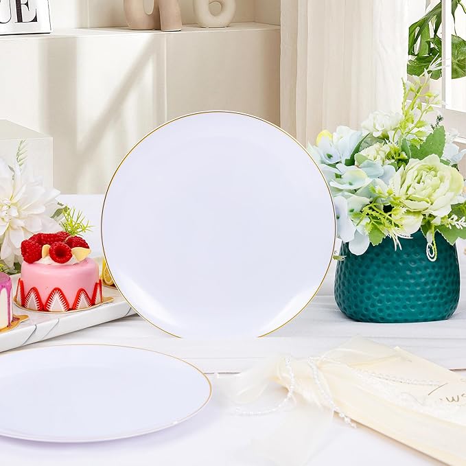 LIYH 96 Pcs White Gold Dessert Plates with Dessert Forks, 48 Plates and 48 Forks, Gold Cake Appetizer Plastic Disposable Plates for Tea Parties, Birthdays, Wedding, Mother's Day