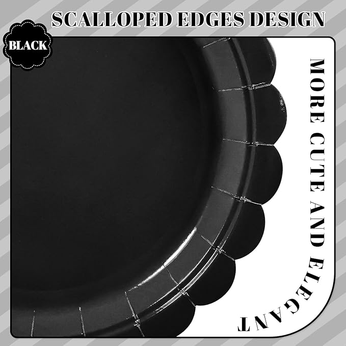 NatNarr 30 Pcs Black Paper Plates, 9 Inch Scalloped Disposable Black Graduation Plates Cute Dessert Dinner Plate for 2026 Grad Party, Wedding, Birthday, Picnic