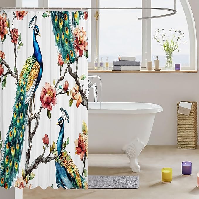 Peacock Shower Curtain Kids Animal Theme Bathroom Shower Curtain Set for Boys Teens Peacock Feathers Design Bath Curtain Waterproof Botanical Floral Blue Pink Green Kids Bathroom Accessories 72"x84"