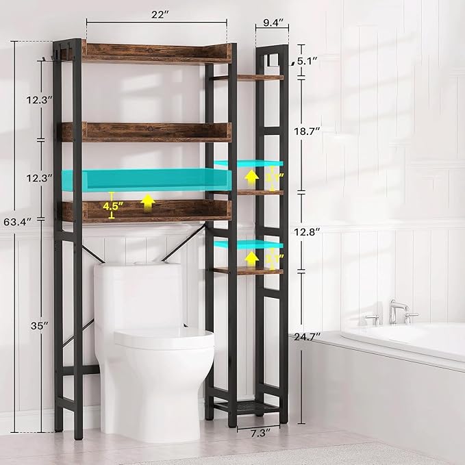 Over The Toilet Storage with Basket, Bathroom & Laundry Organizer, Freestanding Above Toilet Shelf with Adjustable Feet, Bathroom Storage Shelf with 4 Hooks for Restroom, Laundry, Rustic Brown