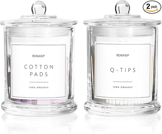 Ronasip Qtip Holder & Cotton Pad Dispenser, Bathroom Organizer and Storage Canisters, 16oz Glass Apothecary Jars for Kitchen, Restroom - Home Decor, Room Decor Aesthetic (2 Pack, Transparent)