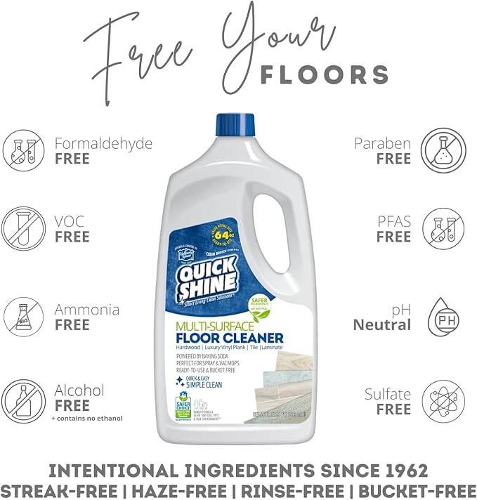 Quick Shine Multi Surface Floor Cleaner 64oz, 4Pk | Ready to Use-Streak Free- No Rinse | Use on Hardwood, Laminate, Luxury Vinyl Plank & Stone | Use in Spray Mops & Vac Mops | Safer Choice Cleaner