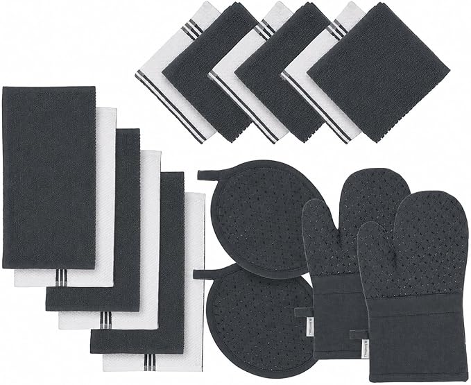 LANE LINEN Kitchen Towels and Dishcloths Sets - 16 Pc Kitchen Essentials for New Home, Heat Resistant Silicone Oven Mitts & Pot Holder, Absorbent Terry Hand Towels & Dish Towel - Grey