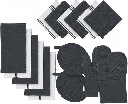 LANE LINEN Kitchen Towels and Dishcloths Sets - 16 Pc Kitchen Essentials for New Home, Heat Resistant Silicone Oven Mitts & Pot Holder, Absorbent Terry Hand Towels & Dish Towel - Grey