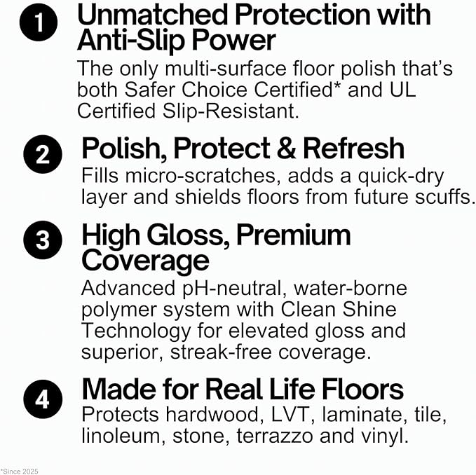 Quick Shine Multi-Surface Floor Finish-Polish 64oz-4pk | Safer Choice, No PFAS, pH Neutral Clean Shine Technology | Squirt & Spread | For Wood, Laminate, LVP, LVT, Tile & Stone | Made in USA