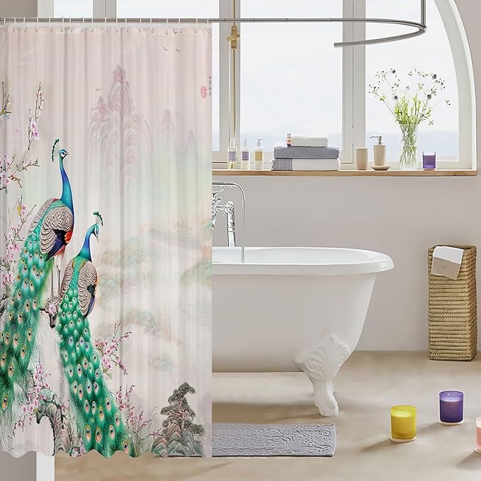 Peacock Shower Curtain Pink Floral Bath Curtain Blue Bird Feathers Shower Curtain Set with Hooks for Stalls Bathtubs Animal Themed Bedroom Decor Nature Landscape Cloth Fabric Bathroom Decor 72x84 Inch