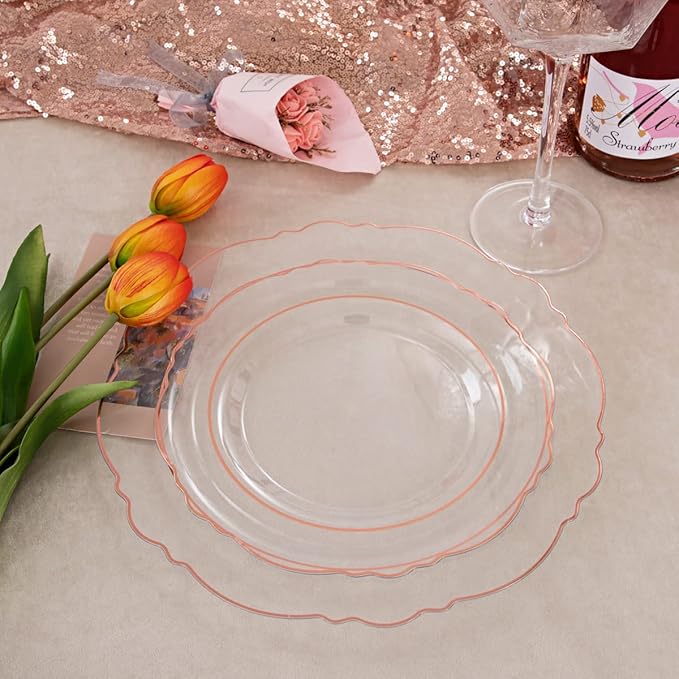 Liacere 150PCS Rose Gold Plastic Plates - Clear Rose Gold Disposable Plates with Glitter Bamboo Handle Cutlery - 60 Baroque Elegant Plates, 30 Forks, 30 Spoons, 30 Knives for Wedding ＆ Party