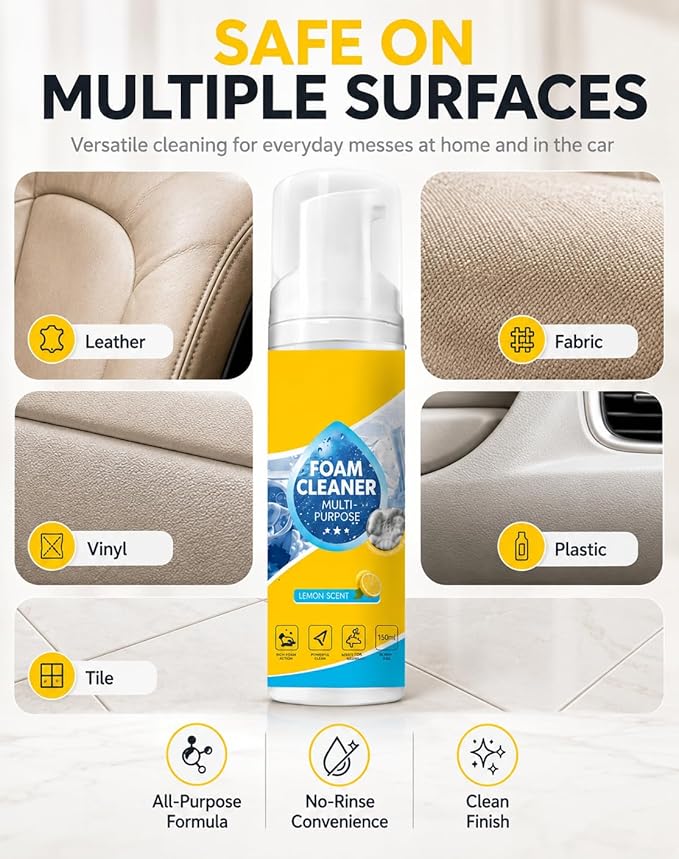 Foam Cleaner All Purpose, 4-in-1 Multi-Enzyme No-Rinse Deep Cleaning Spray for Car Interior, Kitchen Grease, Bathroom Tiles, Sofa Upholstery, Multi-Surface Home & Auto Cleaner (2)