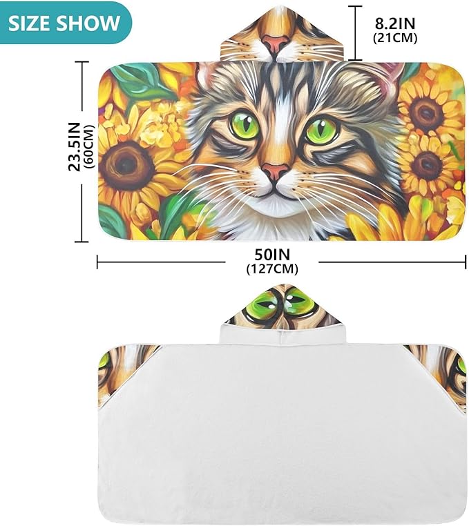 SUABO Kids' Bath Towels Sunflower Cat Hooded Towels for Boys Girls,Toddler Towels Multi-Purpose for Beach,Pool and Bathroom,23.5" x 50", Soft and Highly Absorbent