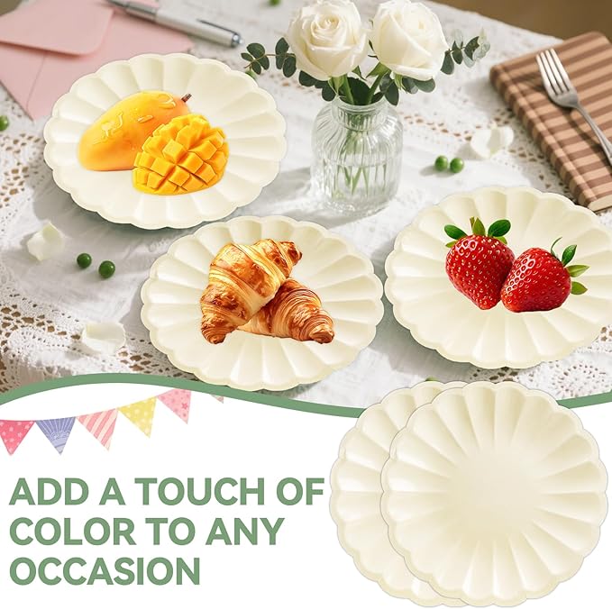 50Pcs Large Scalloped Cream Paper Plates 9Inch Shell Edge Dinner Plates for Cake Salad Fruit Disposable Dinner Serving Plates for Birthday Wedding Baby Shower Party Decorations