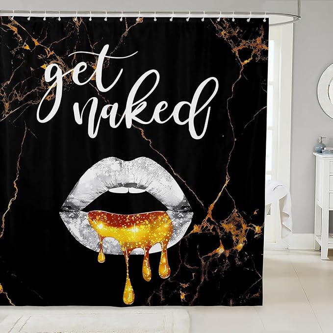 Luxury Black Gold Marble Bathroom Curtains Boys Girls Sexy Lips Shower Curtain For Kids Women Men Get Naked Soft Bath Curtain Funny Quotes Waterproof Bathroom Accessories 72x84 Inch Bedroom Decor