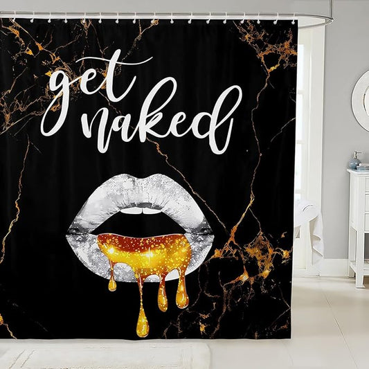 Luxury Black Gold Marble Bathroom Curtains Boys Girls Sexy Lips Shower Curtain For Kids Women Men Get Naked Soft Bath Curtain Funny Quotes Waterproof Bathroom Accessories 72x84 Inch Bedroom Decor