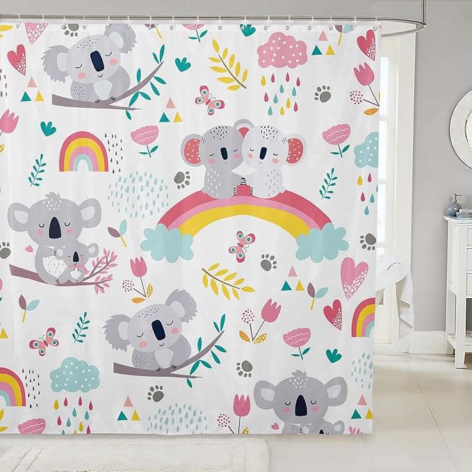 Kids Cute Koala Waterproof Shower Curtains Cartoon Animal Rainbow Fabric Bathroom Shower Curtain Boys Girls Floral Flowers Shower Curtain with Hooks Toddler Colorful Lovely Curtain,72x72 Inches