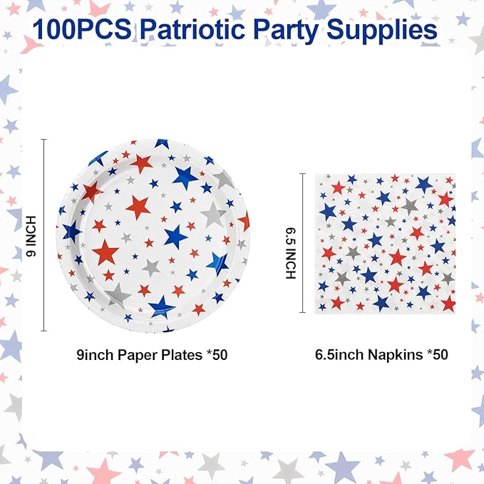 100Pcs 4th of July Plates and Napkins,Patriotic Party Tableware Set | 50*9inch Plates | 50*6.5inch Napkins,250th Anniversary Red Blue Silver Stars for Independence Day Veterans&Memorial Day Decoration