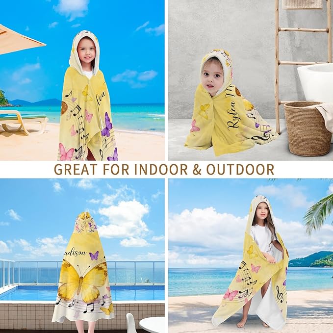 Yellow Butterfly Music Personalized Hooded Towel Absorbent Wrap Soft Pool Beach Bath Towels Hood Poncho for 5-12 Years Kids Boys Girls