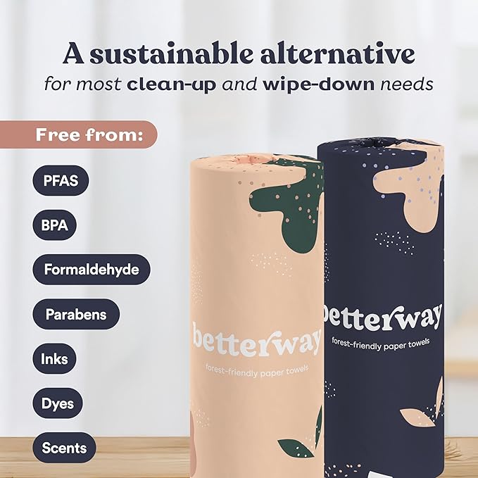 Betterway Bamboo Paper Towels 12 Pack - Non Toxic, Eco Friendly, PFAS Free - 140 Sheets/Roll, 2-Ply, No Plastic, No Dyes, Compostable, Sustainable, Strong & Absorbent, FSC Certified, Natural, White