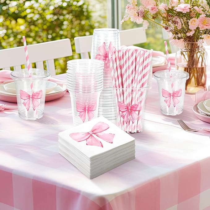 FYSUIMU 50 Set Pink Bow Tableware Set Watercolor Coquette Bowknot Paper Napkins Disposable Plastic Cups with Lids Straws for 50 Guests Valentines Wedding Bachelorette Birthday Baby Shower Party Decor