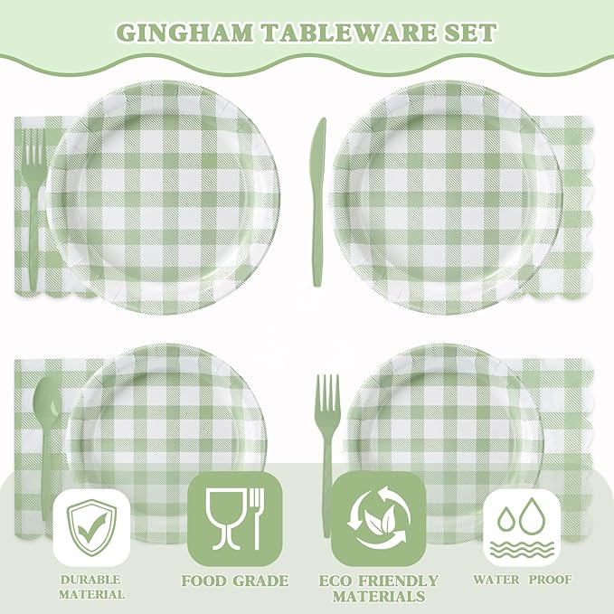 Vyntra 350 Pcs Sage Green Gingham Paper Plates and Napkins Set for 50, 9" Dinner Plates & 7" Dessert Plate, Tableware for Garden Birthday Party
