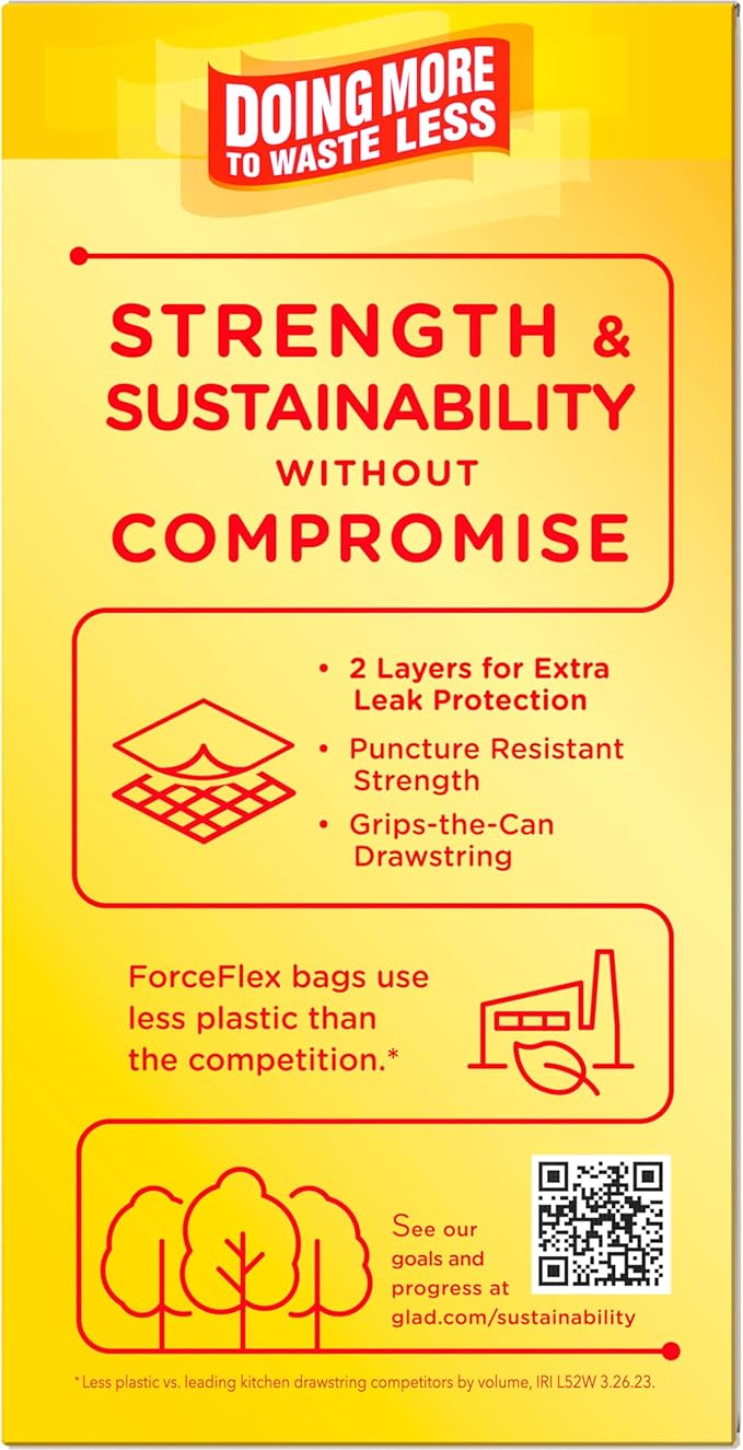 Glad Trash Bags, 13 Gallon, 40 Ct, Pack of 2 | ForceFlex | Tall Kitchen | Drawstring | Gain Lemon Zest