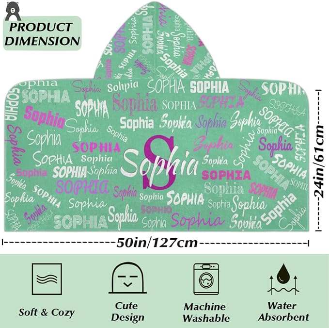 Custom Name Kids Hooded Bath Towel, Soft Towel Wrap - Warm Swim Cover Up - 50" x 24" Soft Terry Poncho Towel as Pool Swim Cover Ups for Girls Boys, Mint Green Color