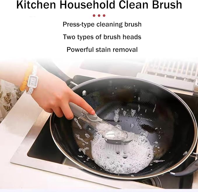Soap Dispensing Dish Brush with Holder, Kitchen Pot Pan Scrub Brush Set with Replaceable Brush Head, Sink Cleaning Brush with Storage Tray (2-piece Brush Head Set)