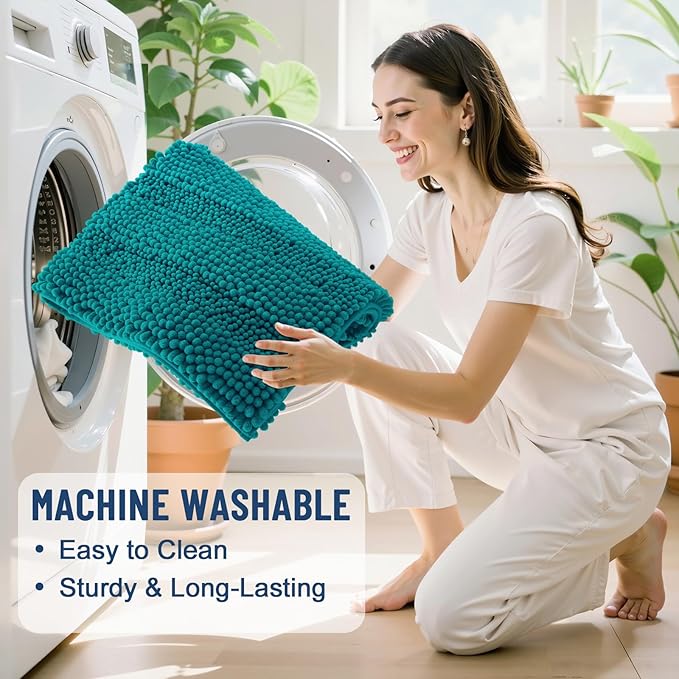 Grandaily Chenille Striped Bathroom Rugs 30x20, Extra Thick and Soft Absorbent Bath Mats, Rubber Backing, Plush Shaggy Shower Carpet, Machine Wash Dry, Bath Rug for Bathroom, Deep Lake