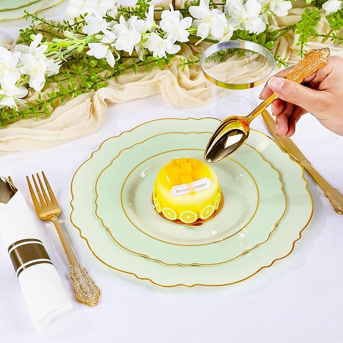 Liacere 350PCS Light Green Plates - Disposable Green and Gold Plastic Plates 50guest Baroque Dinnerware include 100Plates,50Pack Pre Rolled Napkins with Silverware 50Cups for Wedding ＆ Party & Spring