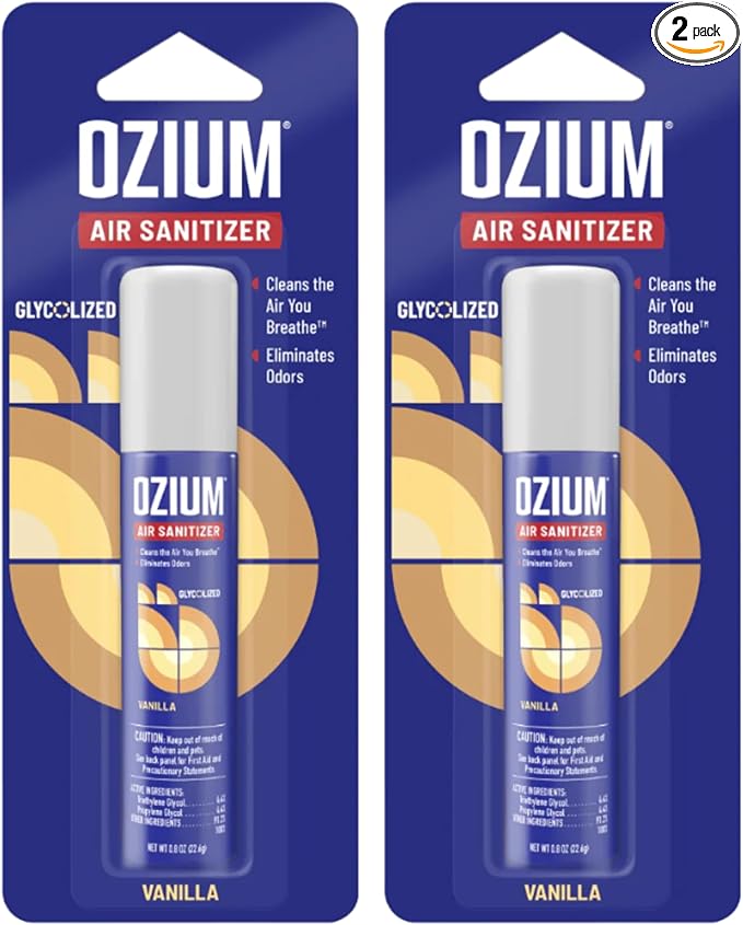 Ozium 0.8 oz. Air Sanitizer & Odor Eliminator for Homes, Cars, Offices and More, Vanilla Scent, Pack of 2