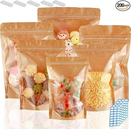 200 Pack Kraft Paper Bags with Clear Window 4x6 Reclosable Small Stand Up Mylar Bags for Food Storage Resealable Smell Proof Pouch, Edible Packaging, Reusable bags for Small Business
