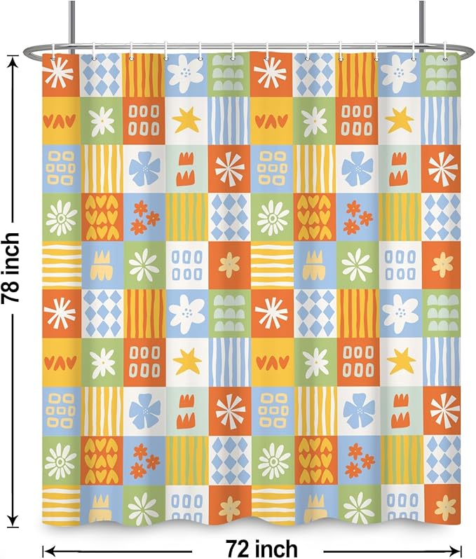 Boho Checkered Floral Shower Curtain Set Multicolored Geometric Flower Print Shower Curtains for Bathroom Waterproof Fabric Bathtub Decorations with Hooks 72x78 Inches