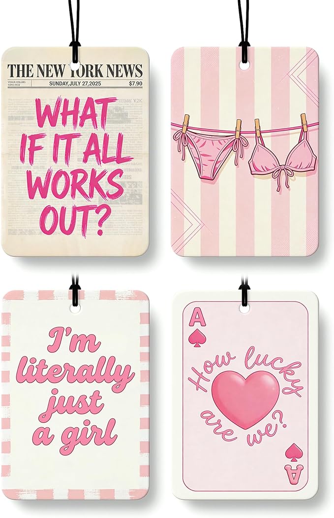 Pink Girly Beach Orange Citrus Car Air Freshener 4pcs, Preppy Coastal Bikini Pink Heart Hanging Scents Car Accessories Interior Mirror Decor for Women Girls