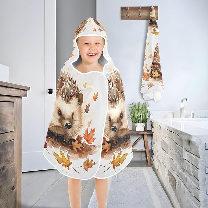Hooded Towel for Kids Hedgehog and Maple Leaves Beach Wrap Bath Towels 50x23.5in