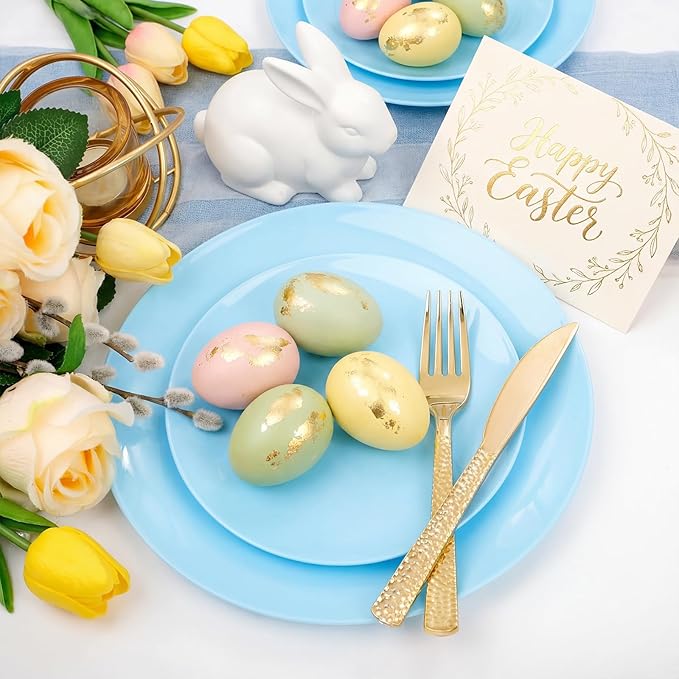 KIRE 60PCS Blue Plastic Plates Disposable - Heavy Duty Light Blue Plates Include 30Pcs 10.25” Dinner Plates and 30Pcs 7.5” for Dessert/Salad in Baby Shower/Picnic/Easter/Spring