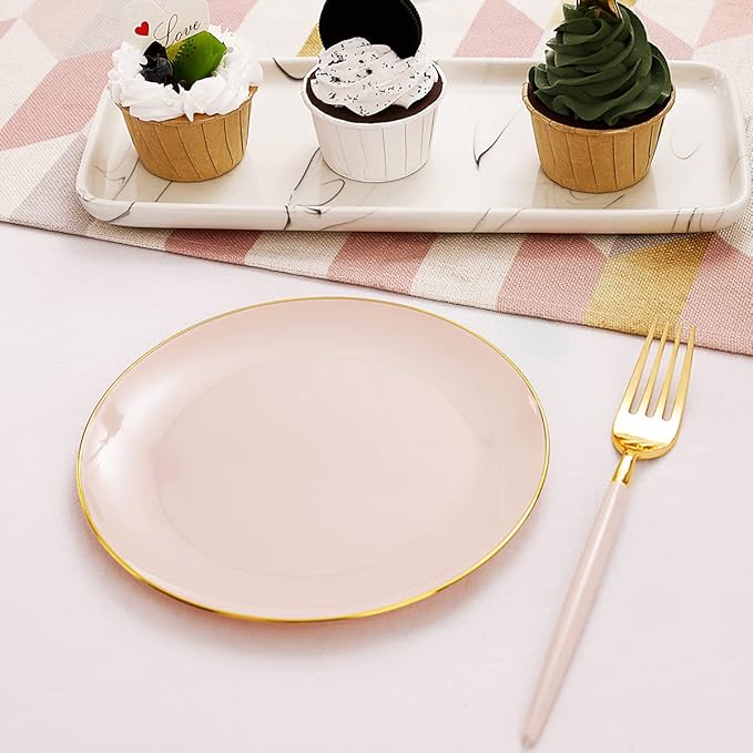 LIYH 96 Pcs Pink and Gold Disposable Plastic Dessert Plates and Forks Set - 7.5" Plastic Appetizer Plates & 9" Gold Cake Forks for Tea Parties, Birthdays, Baby Shower 48 Guests
