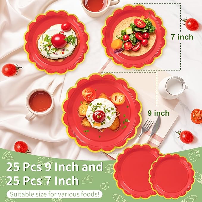 50 Pcs Red Paper Plates, 25 Pcs 9" and 25 Pcs 7" Disposable Christmas New Years Scalloped Plates with Gold Foil for Graduation Wedding Baby Shower Birthday Party Picnic BBQ