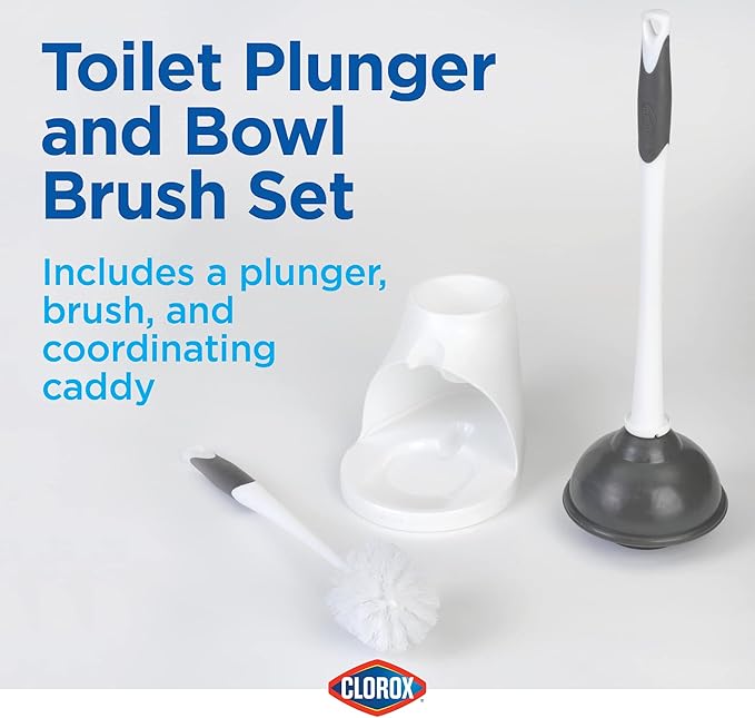 Clorox Toilet Plunger and Brush Bowl Set with Holder Caddy Storage for Cleaning Bathroom and Unclogging Toilets, White and Gray