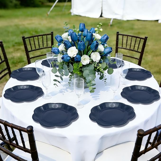 Navy Blue Plates Party Supplies,9 inch Blue Paper Plates Disposable Scalloped for Birthday Cake Plate Baby Shower Dinner Wedding Dessert Party