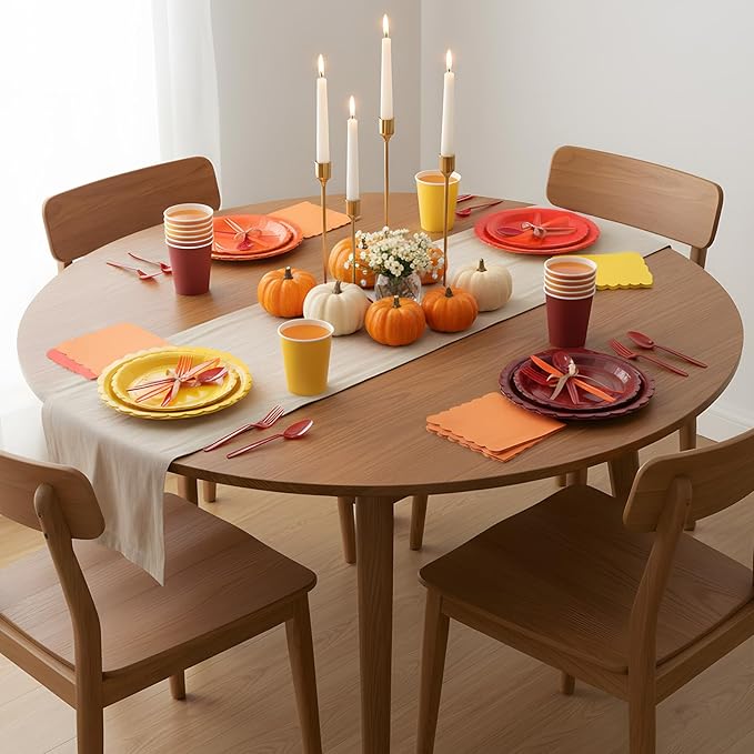 Ziliny 350 Pcs Fall Thanksgiving Plates and Napkins, 50 Guest Autumn Party Supplies Include Scalloped Paper Plates Napkins Cups Plastic Spoons Forks Knives Disposable Tableware Set for Harvest Party