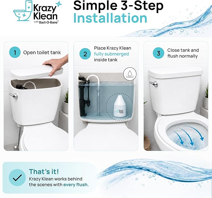 Krazy Klean Automatic Toilet Tank Cleaner - Continuous Flush Cleaning System - Helps Reduce Buildup & Stains - Easy Install, No Daily Scrubbing - 1 Count