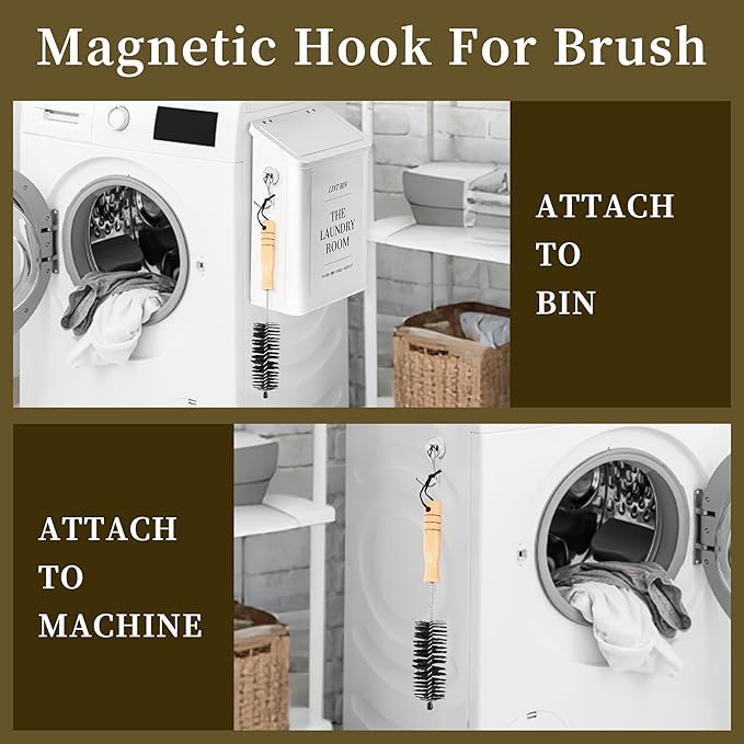 Magnetic Lint Bin for Laundry Room with Lint Brush and Magnetic Hook, Wall Mounted Lint Box with Lid, Farmhouse Laundry Room Decor