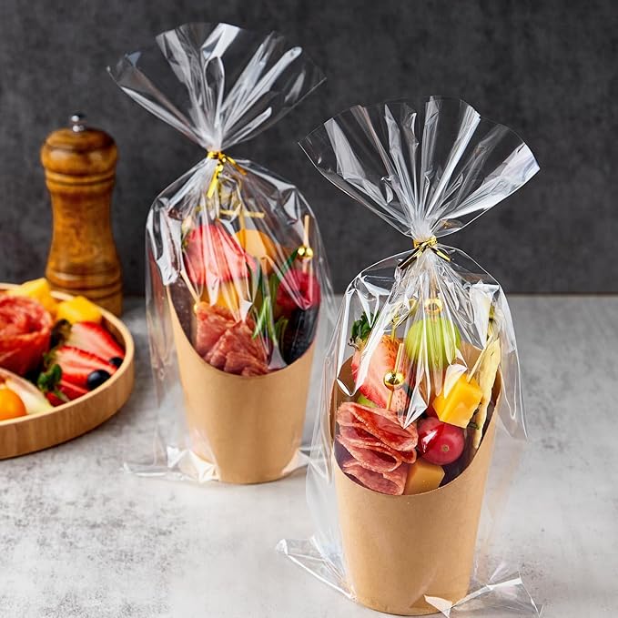 ZORRITA 50 Sets 14 oz Charcuterie Cups with Sticks, Individual Kraft Paper Charcuterie Boxes Disposable Individual Appetizer Serving Cups (50 Cups + 200 Cocktail Picks + 50 Bags + 50 Ties)