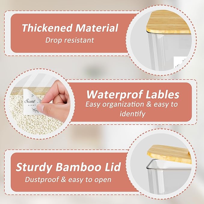 Vincona Laundry Room Organization and Storage, Laundry Pods Container and Dryer Sheet Holder with Bamboo Lids and Labels, Laundry Organizer with Scoops for Booster Beads, Powder, Pods, 3+1 Pack
