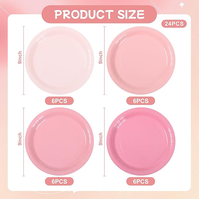AimFun Gradient Pink Paper Plates 9 Inch Disposable Round Dinner Plates for Coquette Birthday Wedding Baby Bridal Shower Bow Christmas Party Supplies (24, Pink)