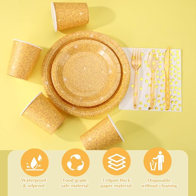 Hushee 175 Pcs Gold Holographic Print Party Supplies Guests Disposable Dinnerware Set Include Paper Plates, Napkins, Cups, Plastic Cutlery for Wedding Birthday Disco Bachelorette