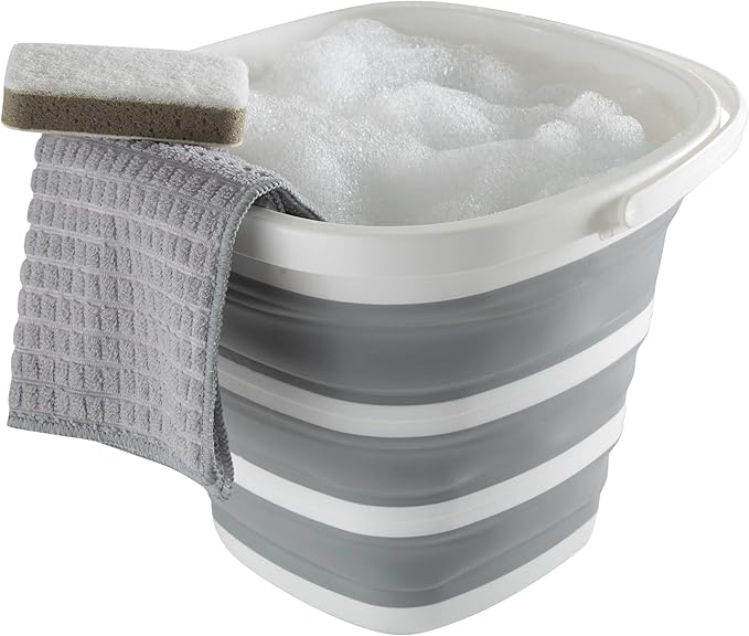 Simplify Square Bucket | Portable | Space Saver | Holds 10 Liters | Great for Cleaning | Boating | Camping Car Washing | Gardening | Cooler | White and Grey